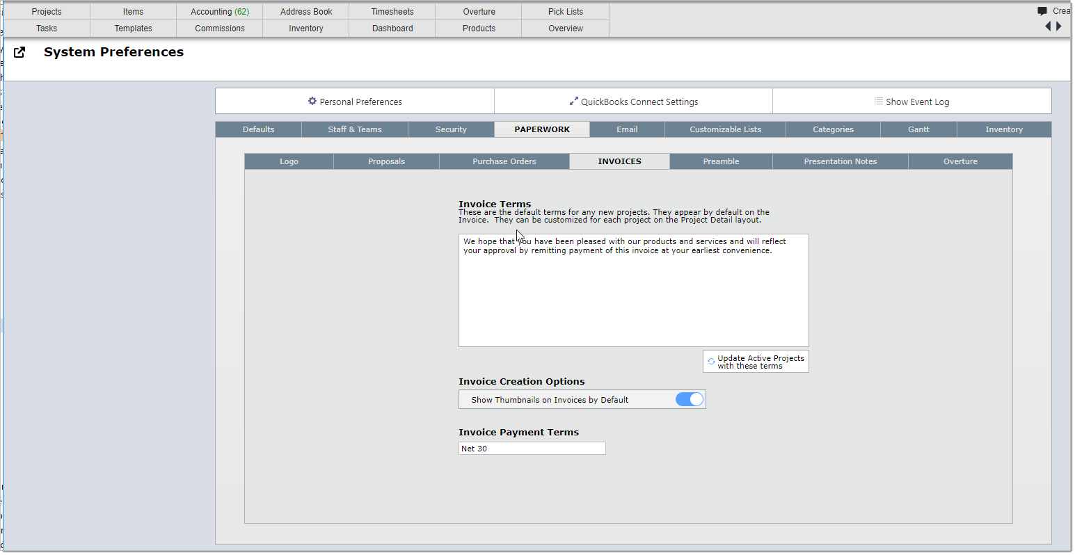 invoices tabe