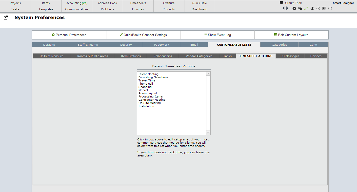 timesheet tasks and sample