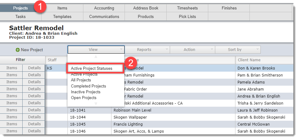 active project status menu