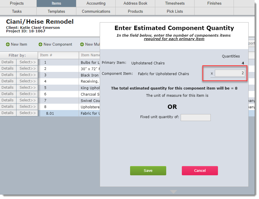 component quantity popup