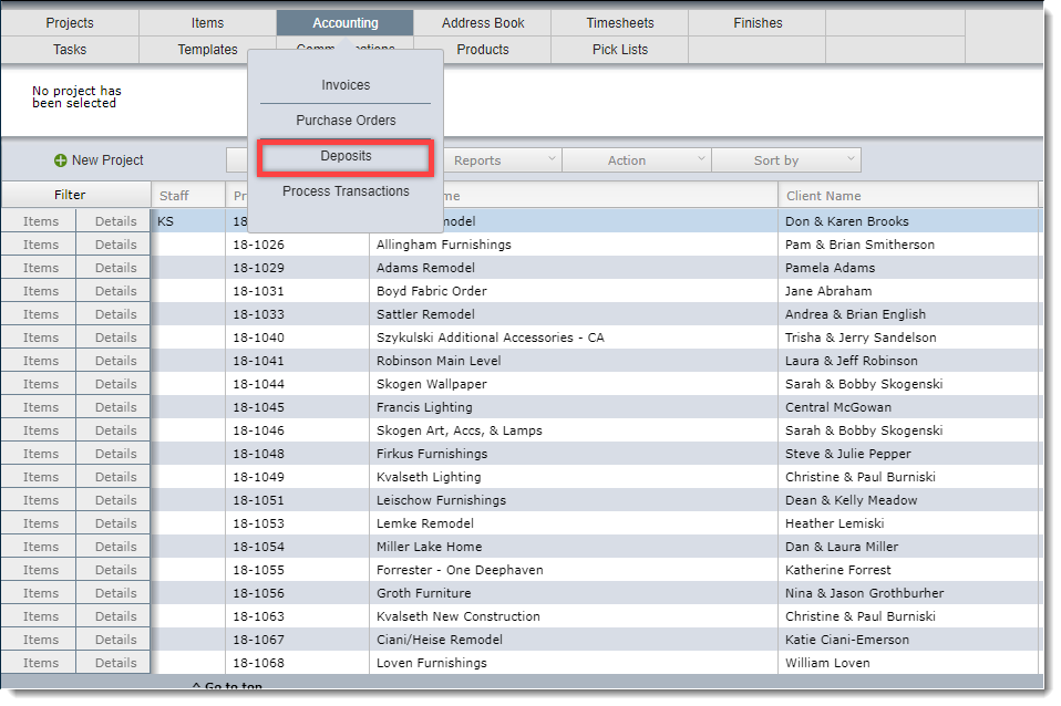 deposits menu